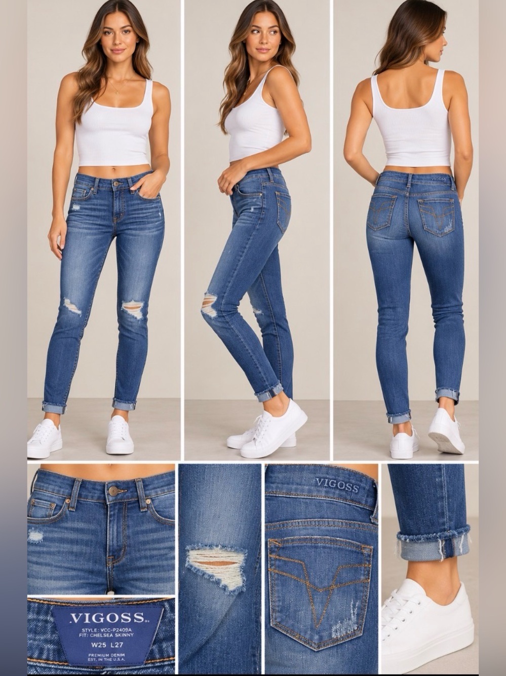 NWT Vigoss Chelsea Skinny Distressed Jeans W25 L27 Medium Wash